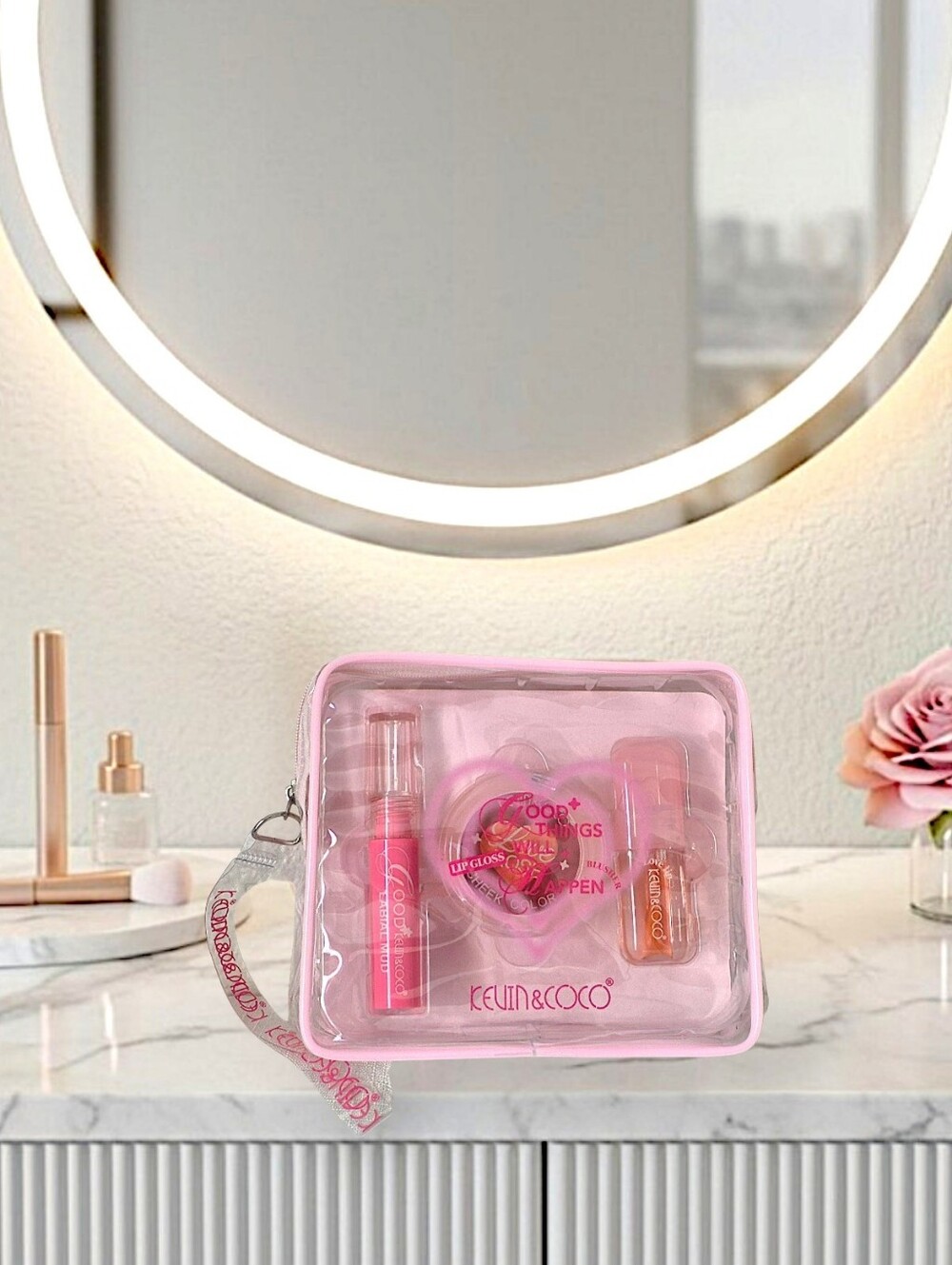 KEVIN & COCO Good Things Will Happen 3-Piece Lip & Rose Blush Set w/Travel Case